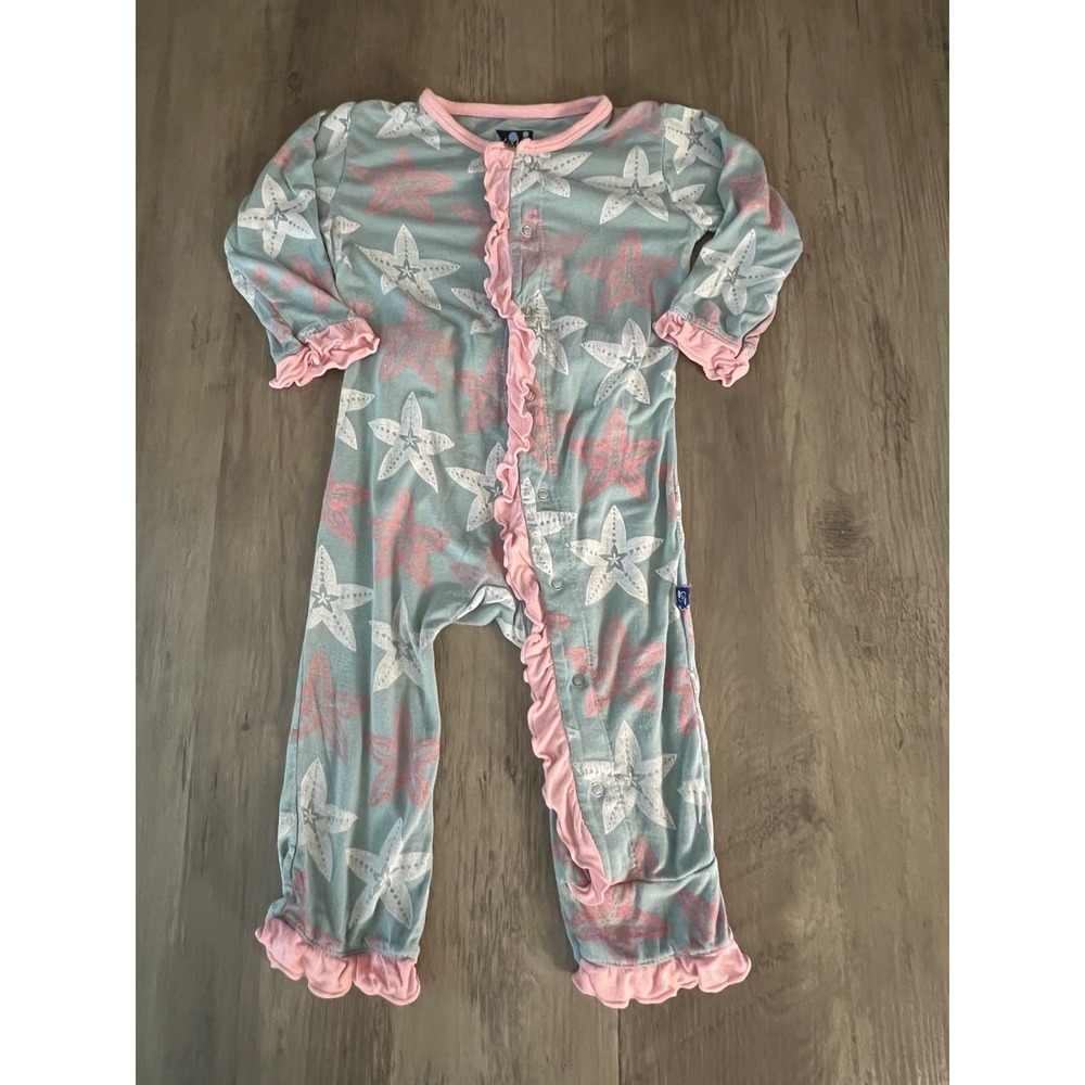 KicKee Pants Baby Bamboo Romper One Pc Blue Pink Ruffles Drop Seat Girls 6-12 mo